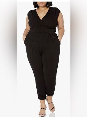 Plus Size Black Cap-Sleeve Jumpsuit with V-Neck
